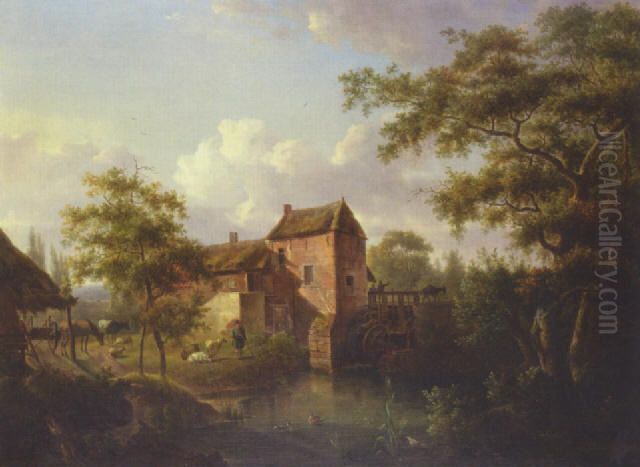 Landscape with mill Oil Painting by Julien-Joseph Ducorron