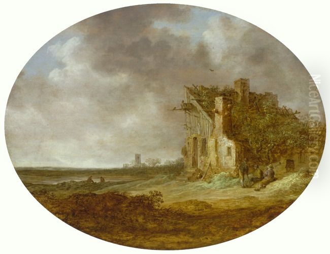 Landscape with figures before a house Oil Painting by Jan van Goyen