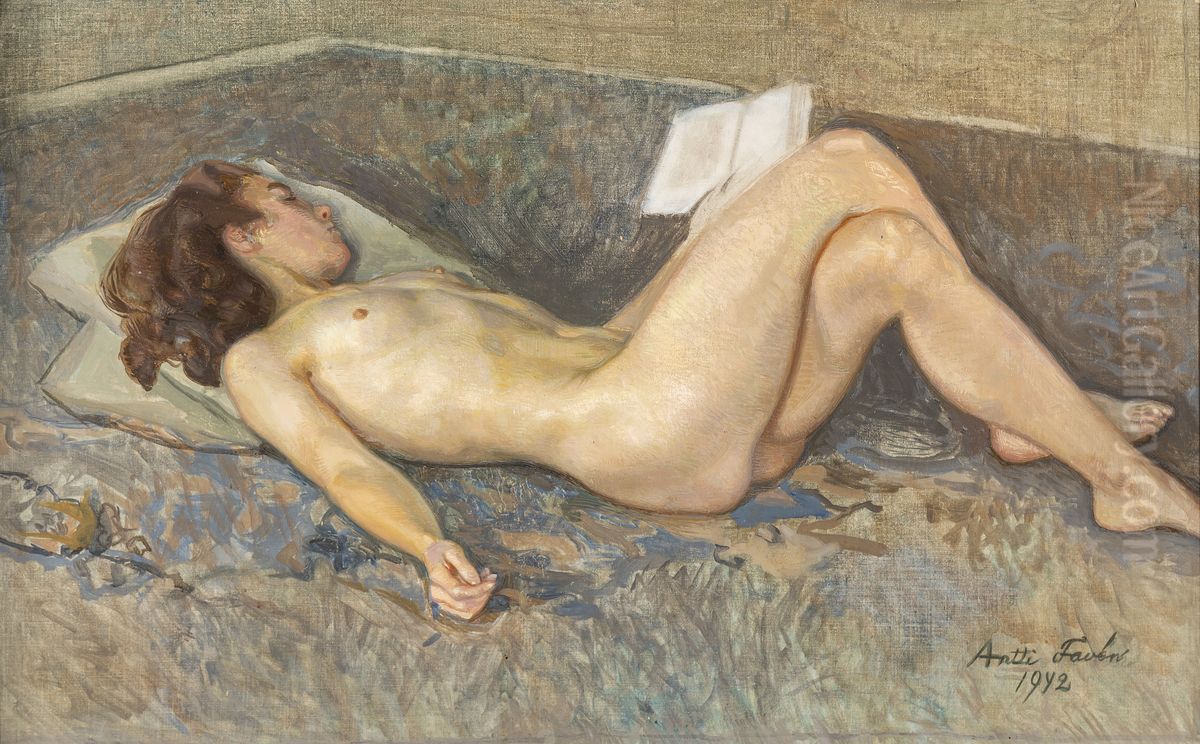 Reclining Nude with Book Oil Painting by Antti Faven