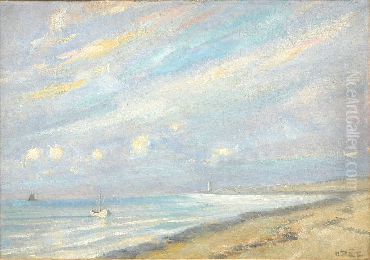 The beach at Skagen with small vessels. Oil Painting by Ole Due