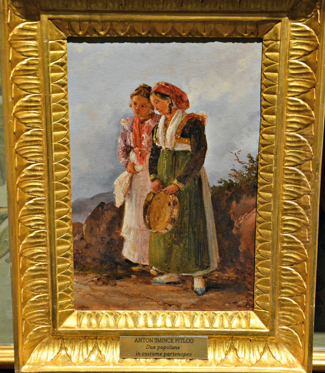 Due popolane in costume partonopeo Oil Painting by Antonie Sminck Pitloo