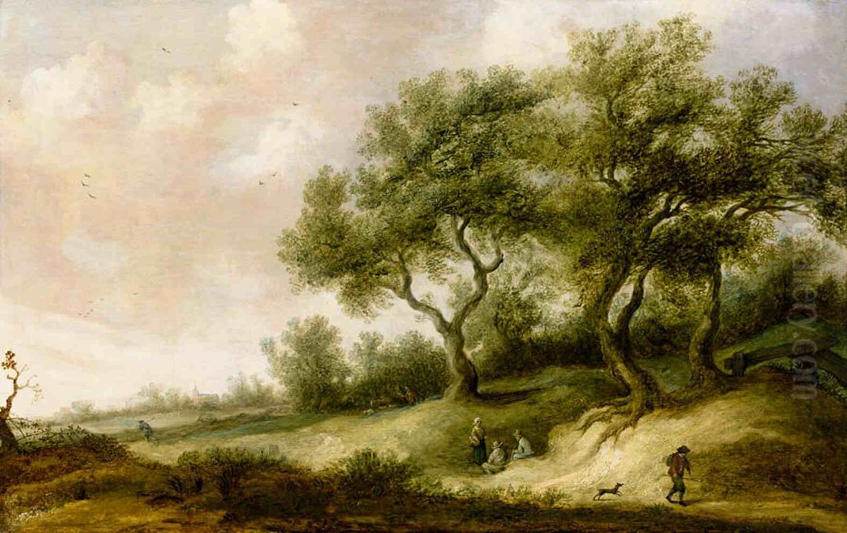 Dune Landscape With a Traveler and His Dog, Persons and a Church Beyond Oil Painting by Pieter de Neyn