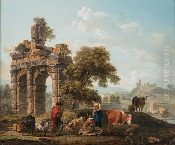 Herders and their Cows Resting before Classical Ruins Oil Painting by Michel Duplessis