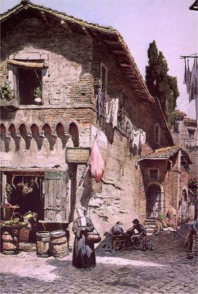 Via della Luce in Rome (rione Trastevere) Oil Painting by Ettore Roesler Franz