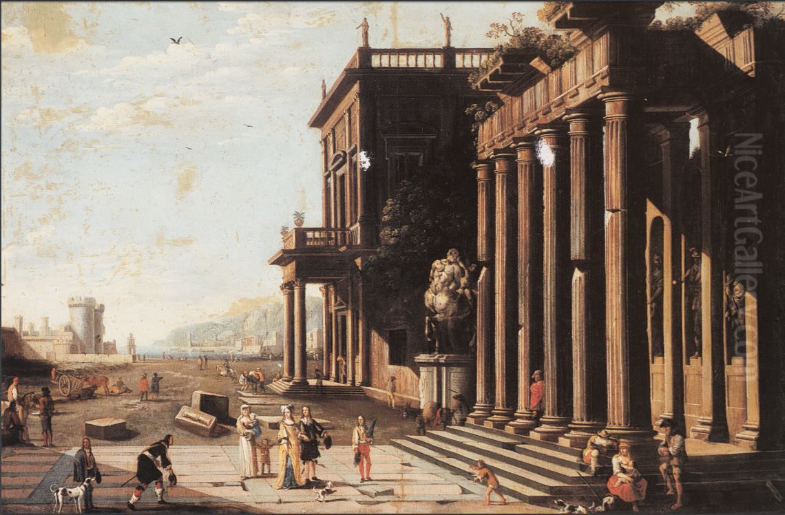 A capriccio view of a palace with ruins and figures Oil Painting by Vicente Giner