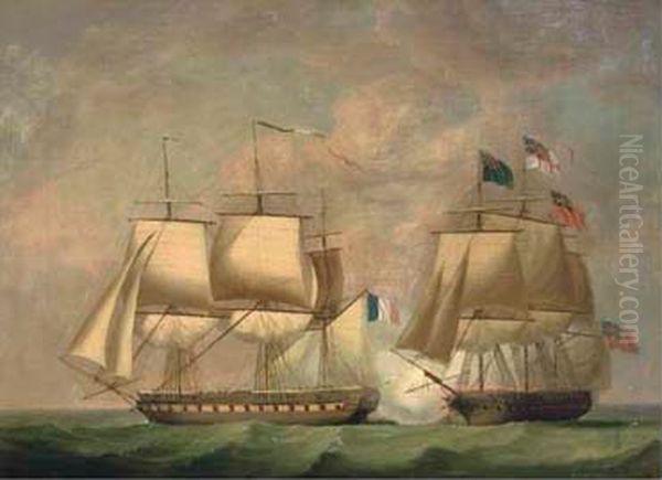 The close action between HMSEurotasand the French frigateClorinde, 25th February 1814, the opening salvo from Eurotas into Clorinde's stern Oil Painting by Robert Dodd