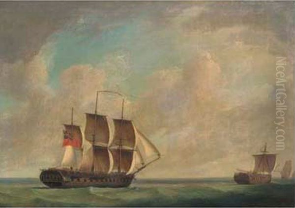 The close action between HMSEurotasand the French frigateClorinde, 26th February 1814, the remasted Eurotas in fresh pursuit the following morning Oil Painting by Robert Dodd