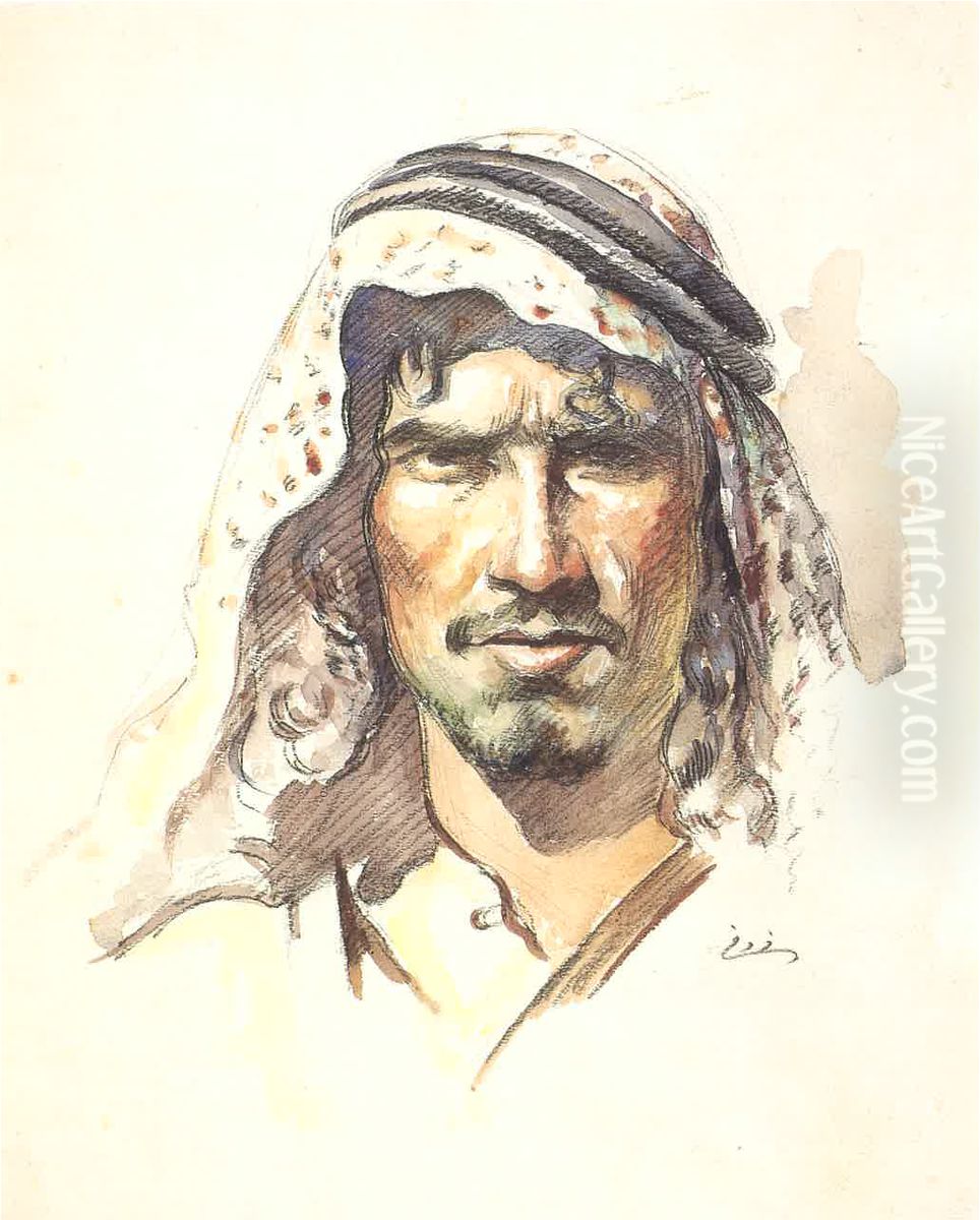 Portrait de Bedouin. Oil Painting by Moustafa Farroukh
