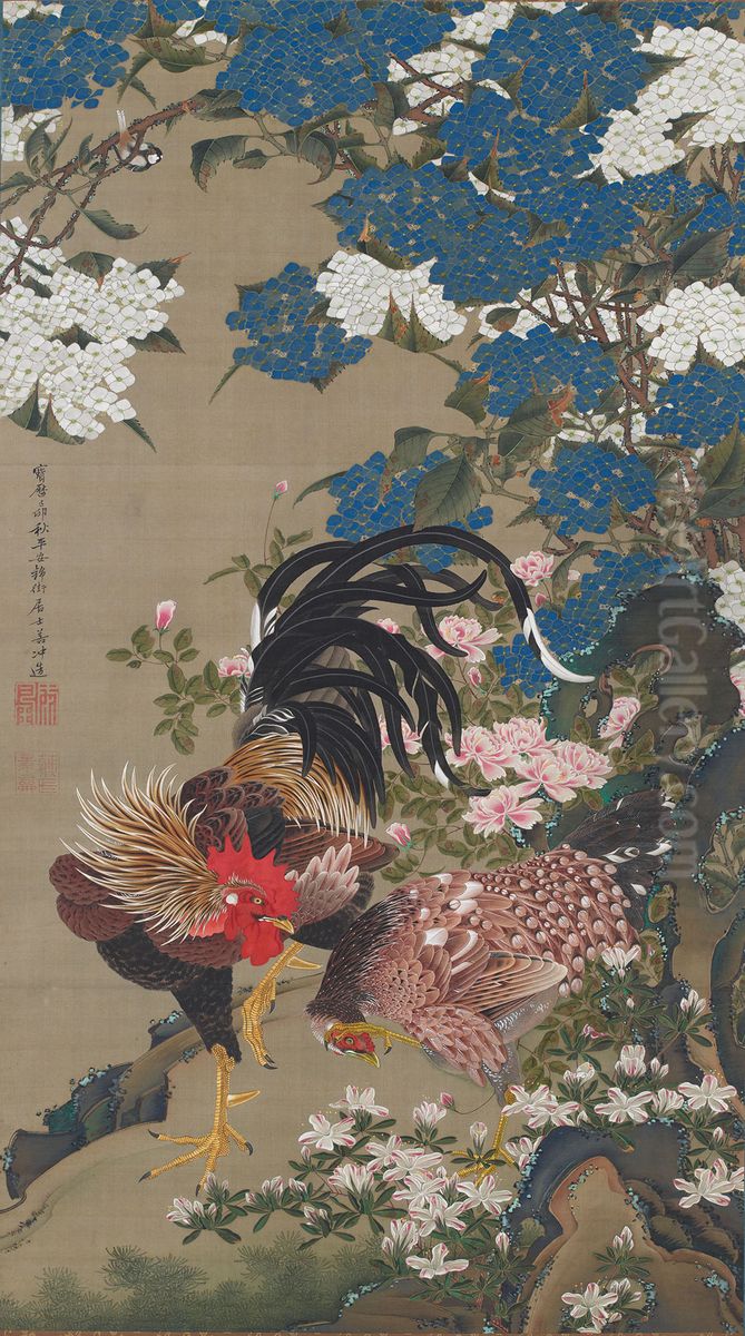 Rooster and Hen with Hydrangeas Oil Painting by Ito Jakuchu
