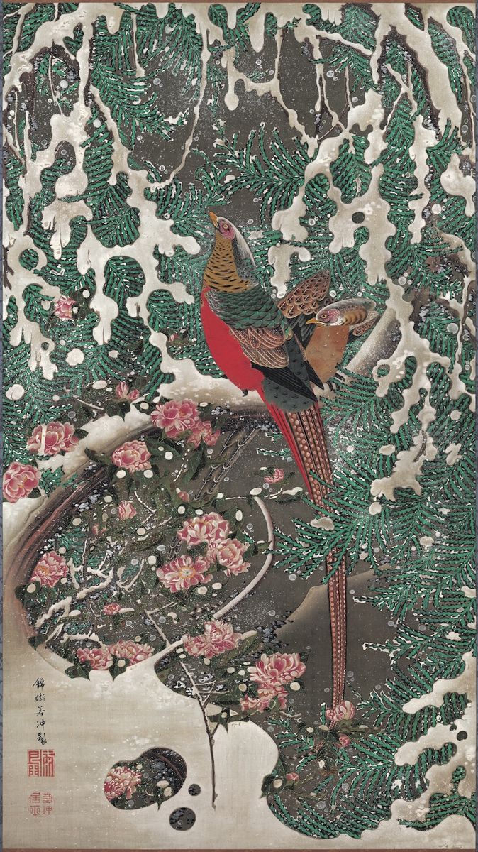 Golden Pheasants in Snow Oil Painting by Ito Jakuchu