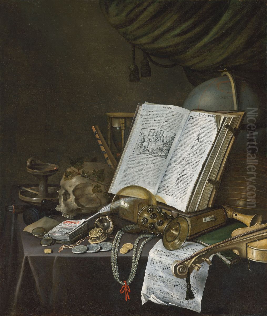 Still life with coins and other objects on a table Oil Painting by Evert Collier
