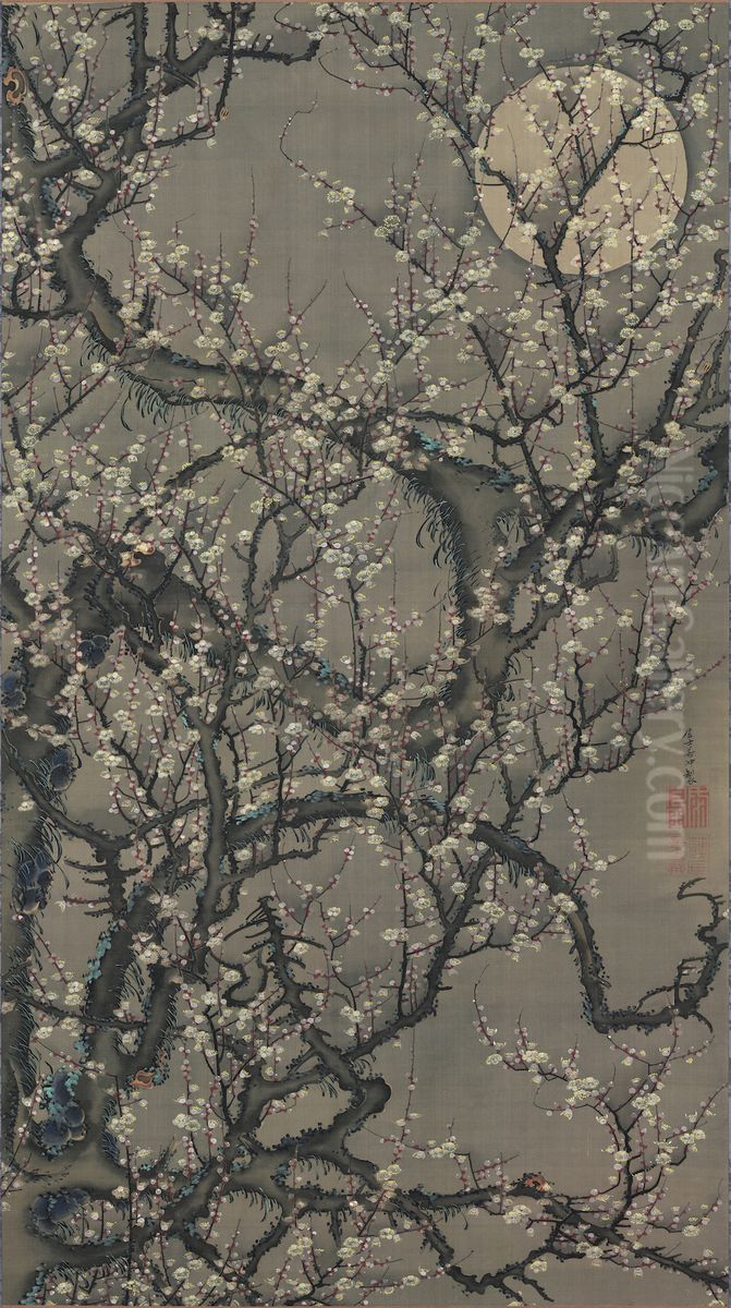 Blossoming plum under the moon Oil Painting by Ito Jakuchu