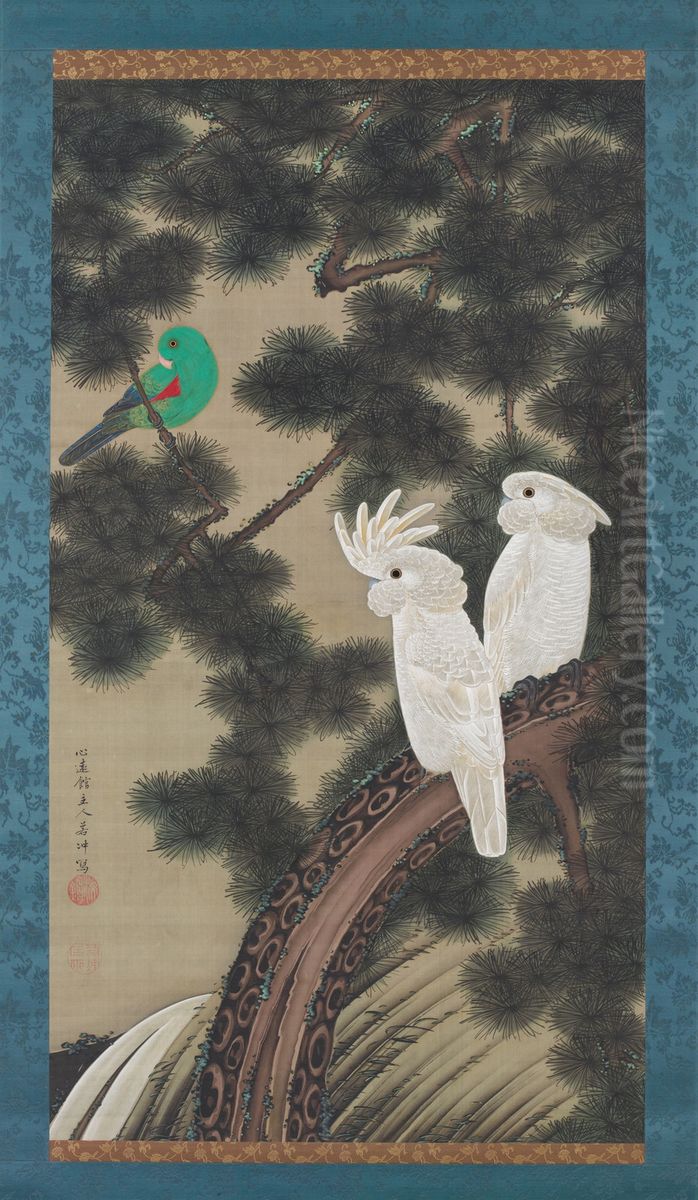 Cockatoos in an old pine Oil Painting by Ito Jakuchu