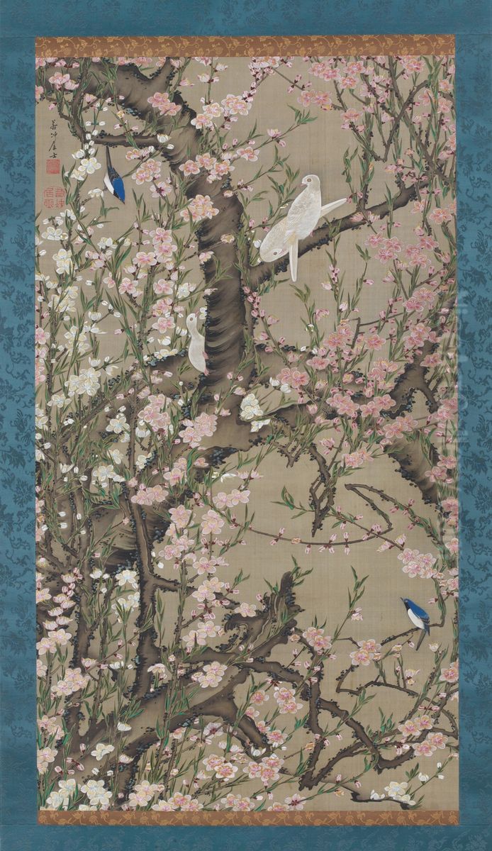Birds on blossoming peach tree Oil Painting by Ito Jakuchu