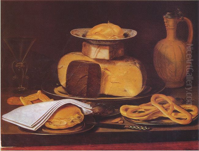 Still life with cheesestack, a bun and pretzels Oil Painting by Clara Peeters