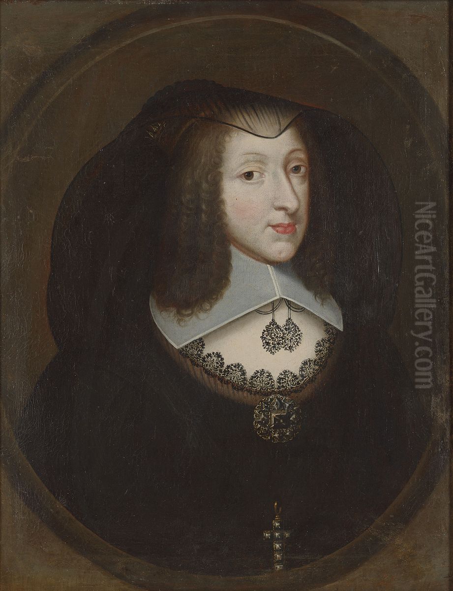 Portrait of Christine of France, Duchess of Savoy in black costume Oil Painting by Philibert Torret