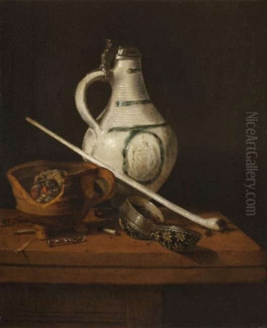 Still life with white crock, brazier and smoking paraphernalia Oil Painting by Pieter Janssens Elinga