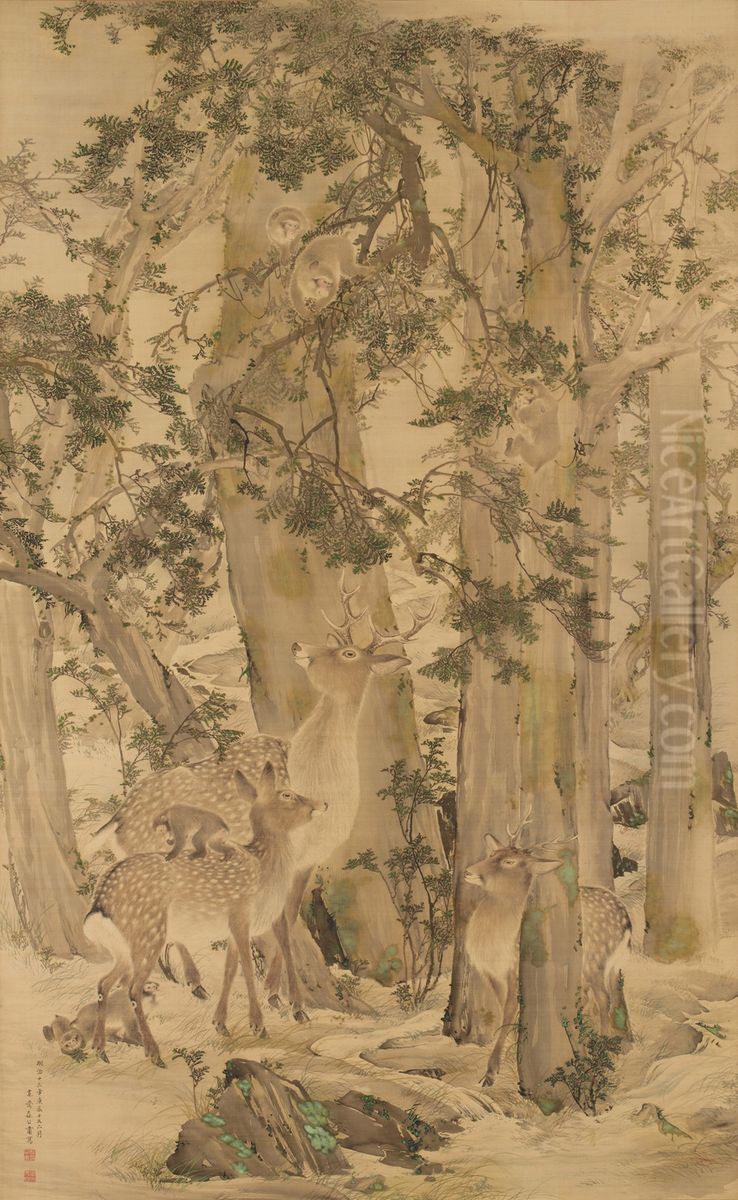 Old Oak, Monkeys, and Deer Oil Painting by Mori Kansai