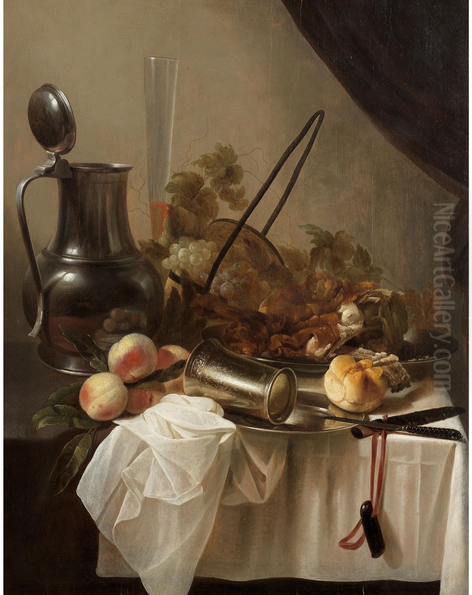 A pewter jug with an overturned silver cup with fruit, bread and meat on a draped table-top Oil Painting by Cornelis Kruys