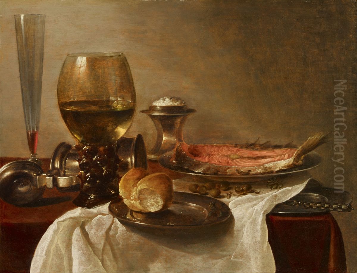 Stillleben mit Glasern, Brot und Salm Oil Painting by Cornelis Kruys