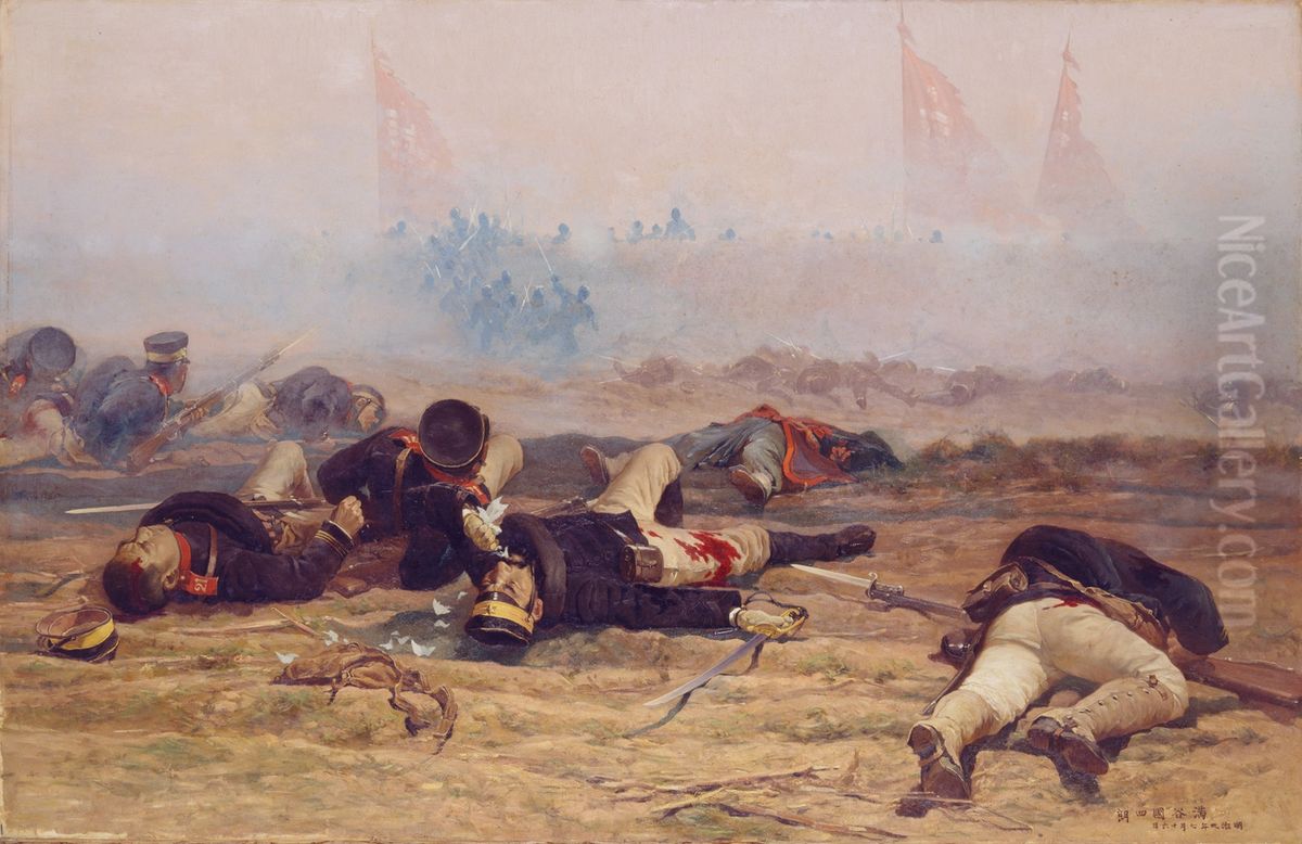 Captain Hayashi Death at Battle Oil Painting by Kunishiro Mitsutani