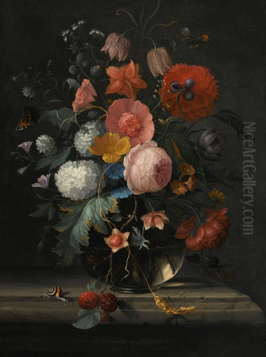Still Life of Roses, Fritillaria, Viburnum and other Flowers in a Glass Vase Oil Painting by Pieter Gallis