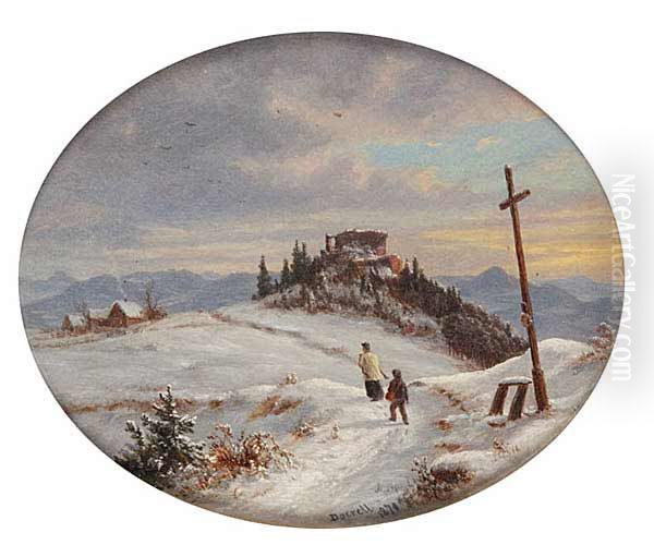 A Winter Landscape with the Ruined Blansko Castle, nearUsti nad Labem Oil Painting by Ernst Gustav Doerell