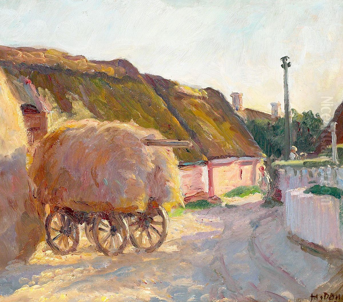 A village street on Fano in the evening sun. Oil Painting by Heinrich Dohm