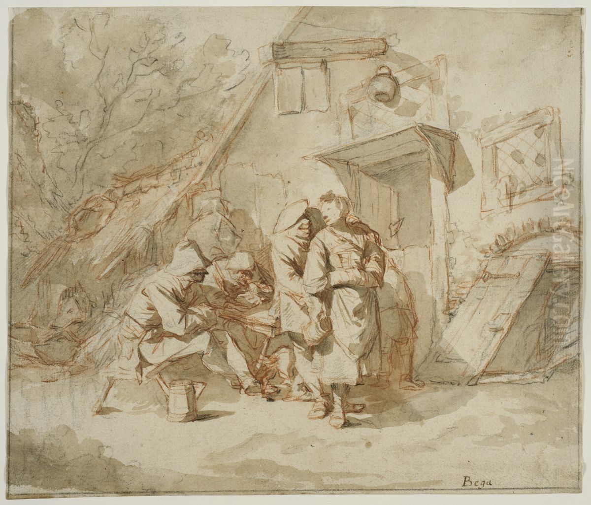 Bonder utanfor ett vardshus Oil Painting by Cornelis Pietersz Bega