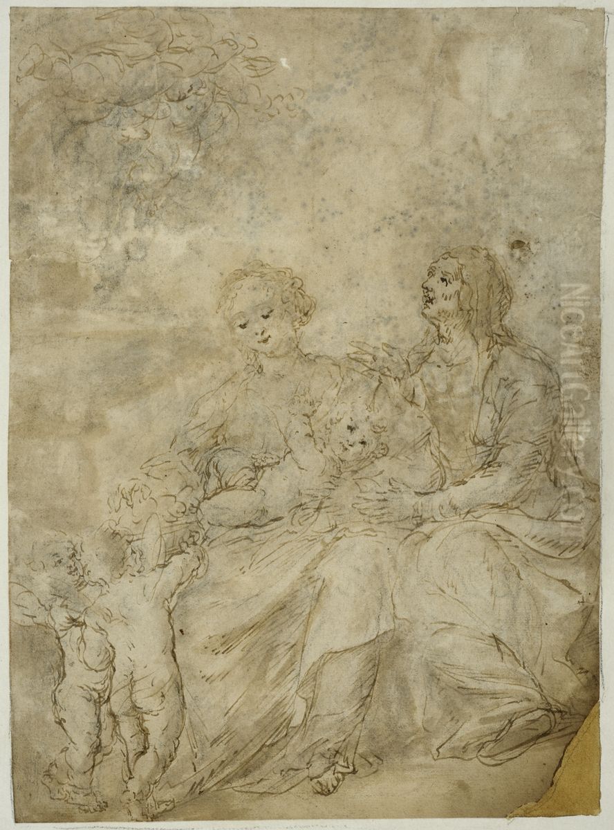 Maria med barnet, S:t Anne och anglar Oil Painting by Leonaert Bramer