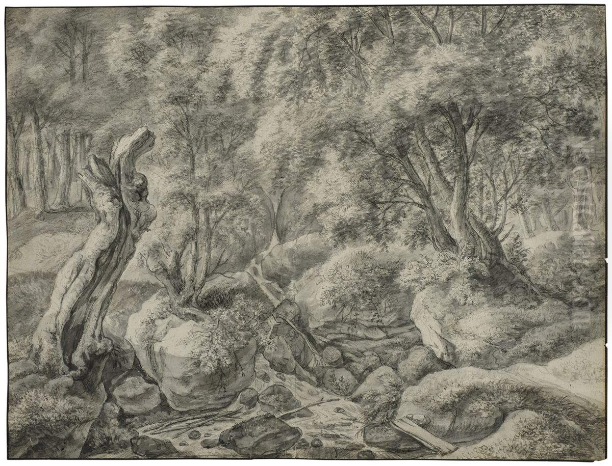 Skog med en back rinnande mellan stora flyttblock Oil Painting by Antonie Waterloo