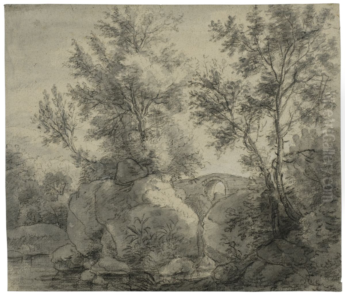 Klippigt landskap med en stenbro Oil Painting by Antonie Waterloo