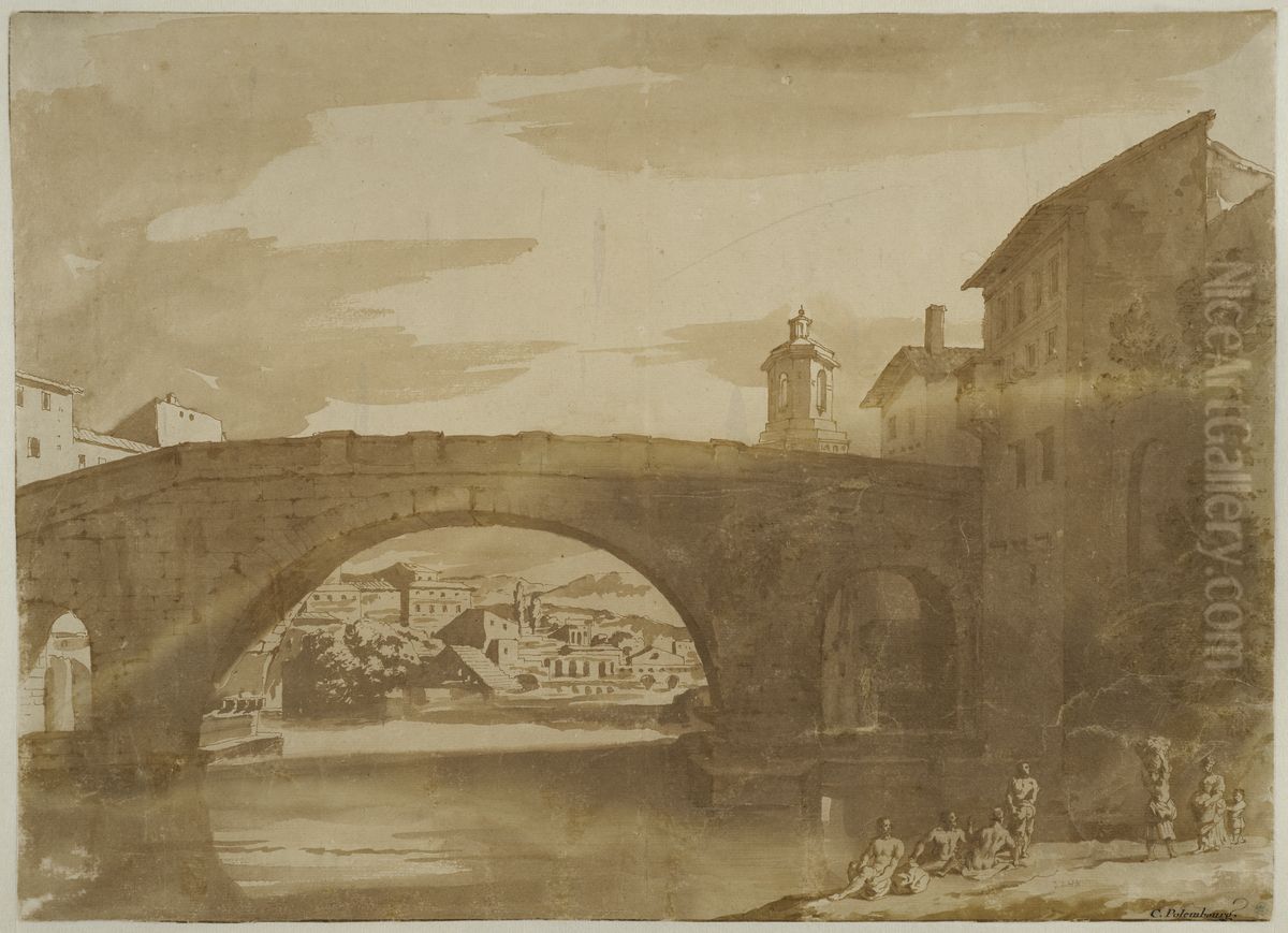 Manliga badare och tvattkvinnor vid Ponte Cestio i Rom Oil Painting by Jacob Van Der Ulft