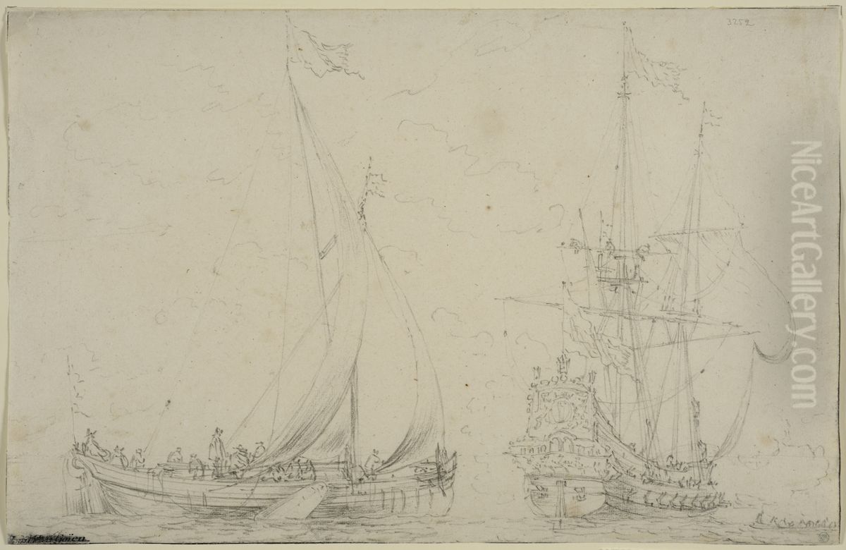 Ett krigsfartyg och en hollandsk fiskebat Oil Painting by Willem van de Velde the Younger