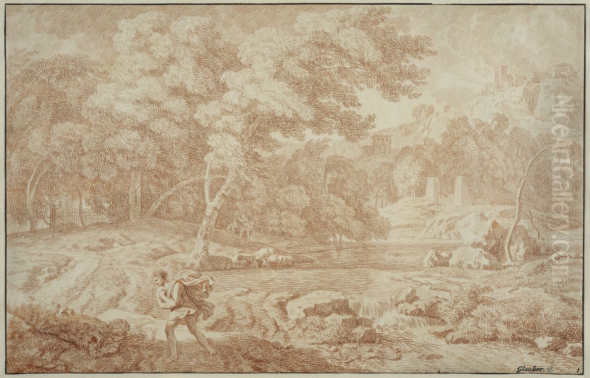 Landskap med en man gaende i vinden Oil Painting by Johannes Glauber