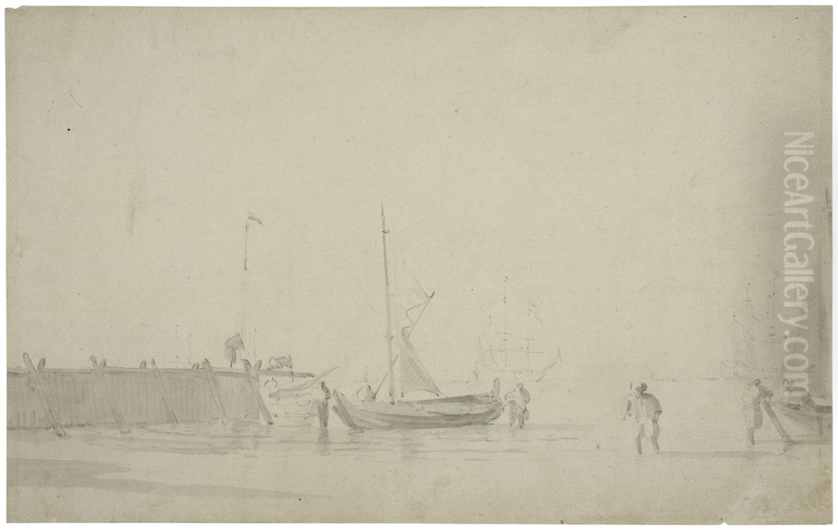 Fiskebatar i hamn, stora fartyg i farleden Oil Painting by Willem van de Velde the Younger