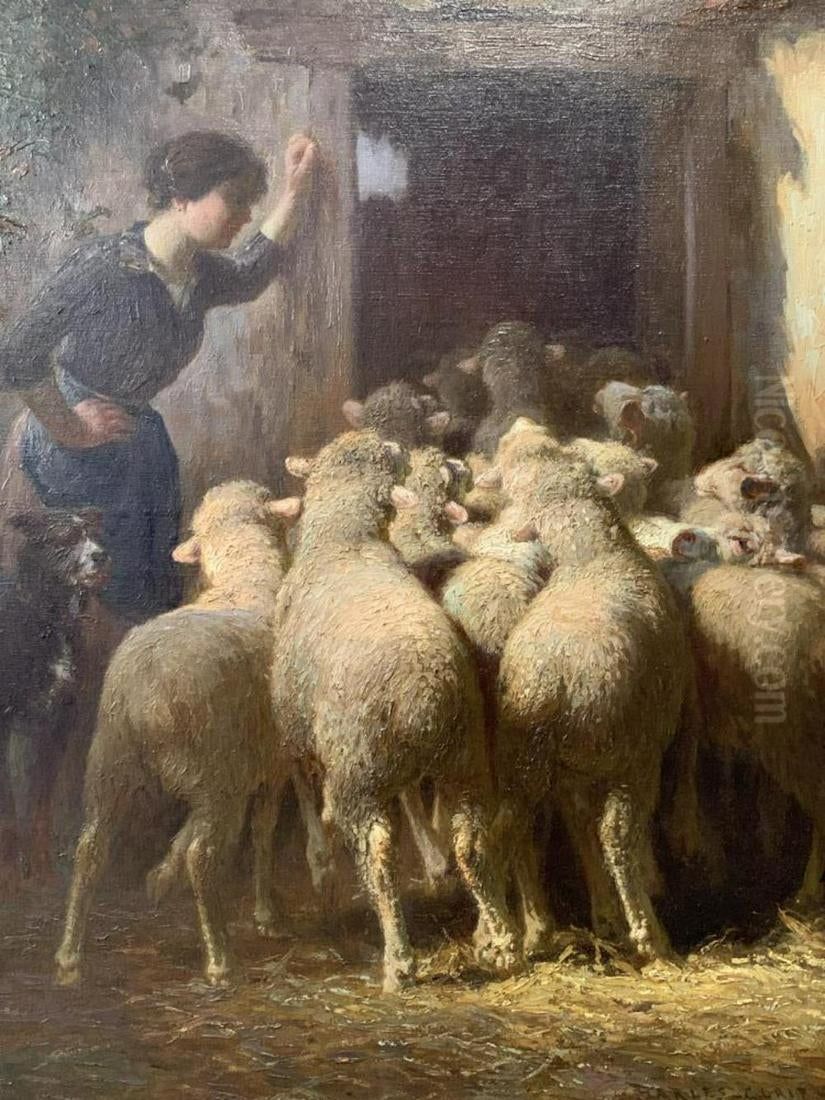 Sheep in Barn Oil Painting by Charles Clair