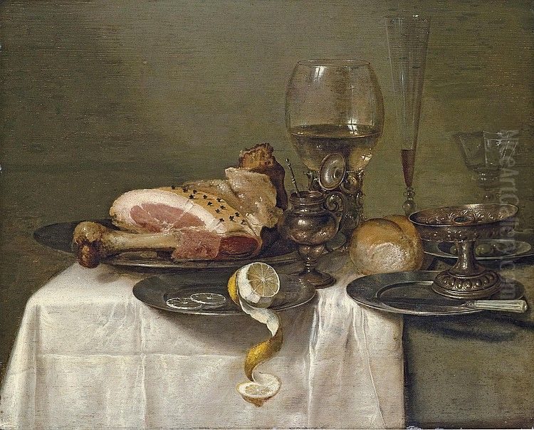 Still life with ham, lemon, roemer, glass flute, wine glass, olives, tazza, bread and knife Oil Painting by Willem Claesz. Heda
