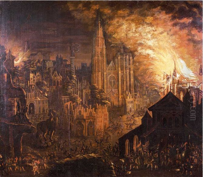 Fire in Antwerp with the Trojan Horse. The Spanish Fury of 1576 Oil Painting by Daniel van Heil