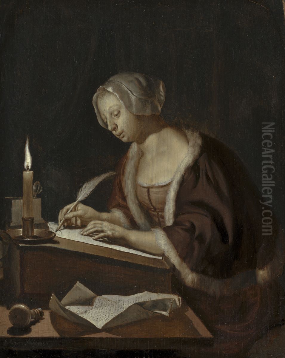 A Young Woman Writing a Letter Oil Painting by Frans van Mieris