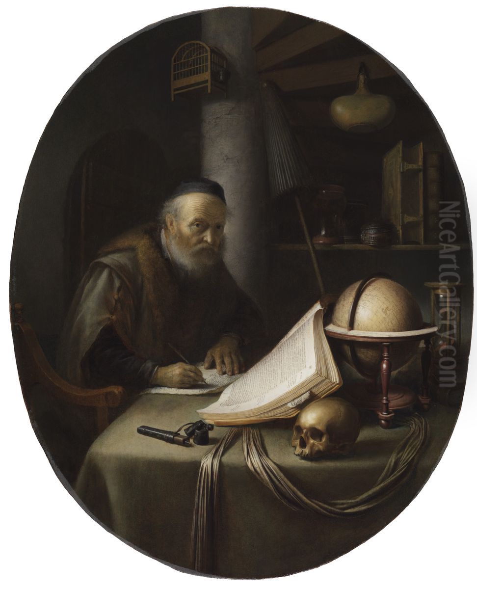 Scholar Interrupted at His Writing Oil Painting by Gerrit Dou