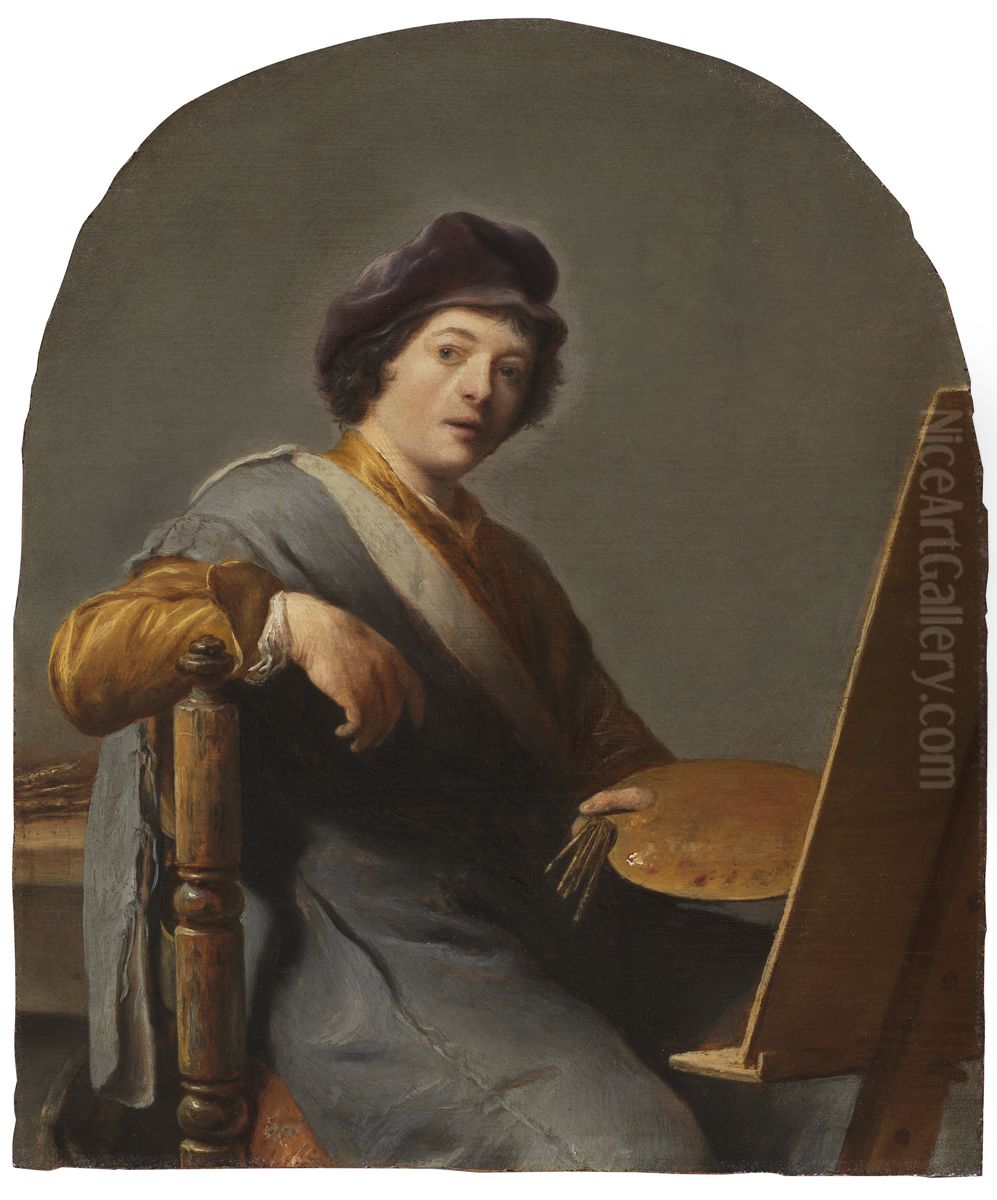 Self-Portrait of an Artist Seated at an Easel Oil Painting by Cornelis Bisschop
