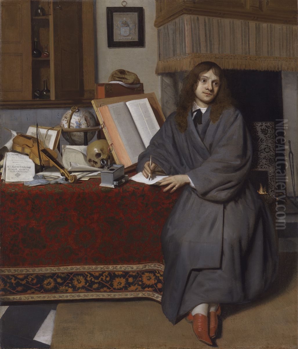 Portrait of the Pharmacist Dr. Ysbrand Ysbrandsz. (1634/35-1705) in an Interior Oil Painting by Cornelis De Man
