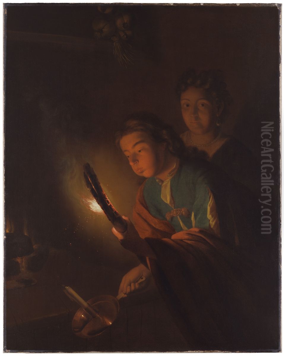 Young Man Blowing a Torch to Light a Candle Oil Painting by Godfried Schalckenand workshop