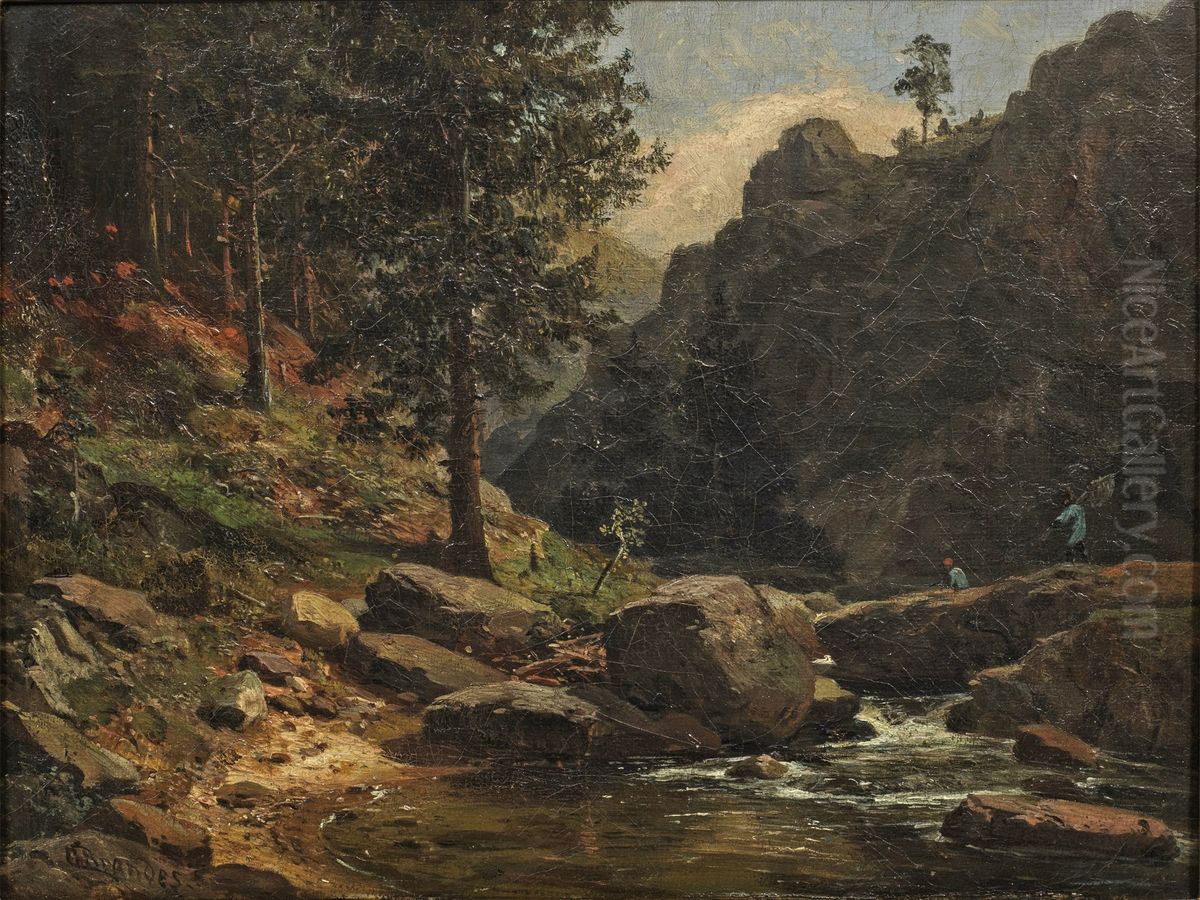 Mountainous Landscape with Anglers / Romantic Harz landscape with fishermen at a stream Oil Painting by Heinrich Brandes