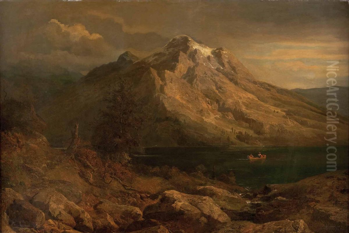 Sunset at the mountain lake Oil Painting by Heinrich Brandes