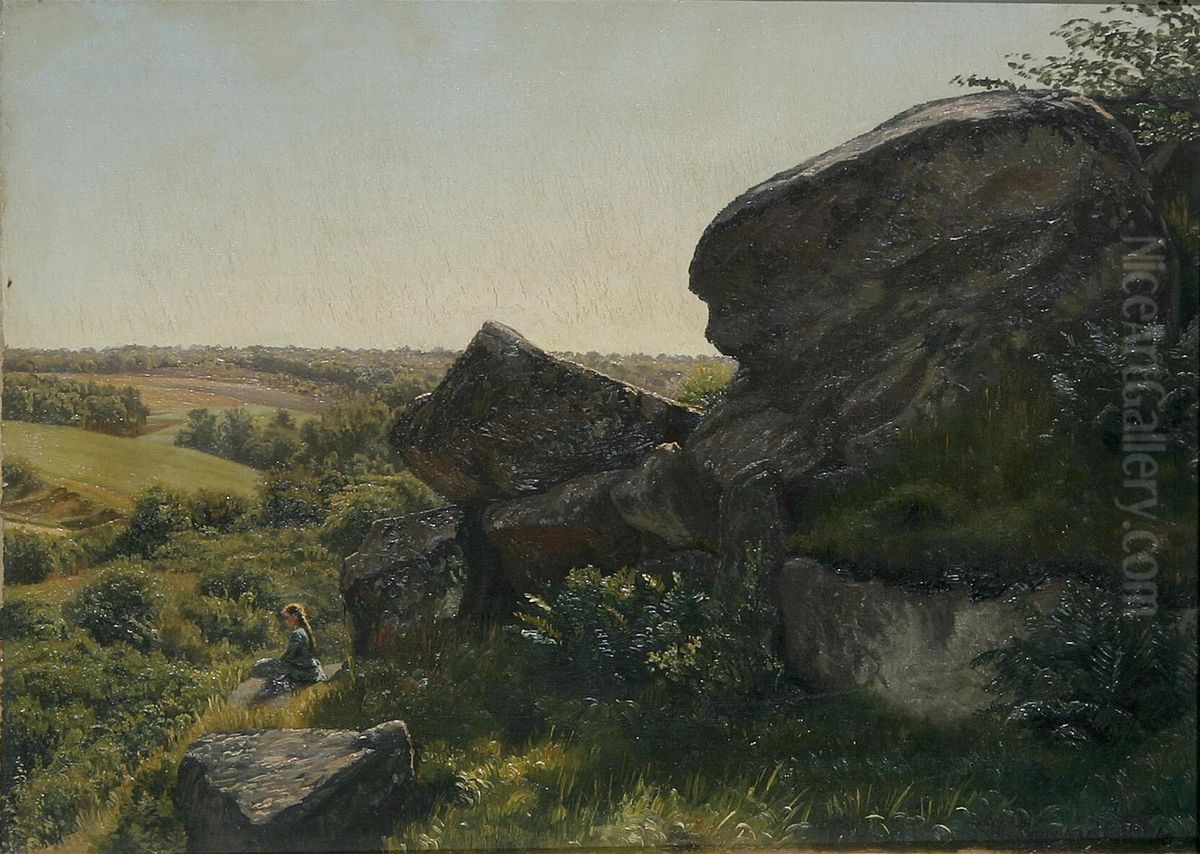 Landscape with rocks and a sitting girl. Oil Painting by Johannes Herman Brandt