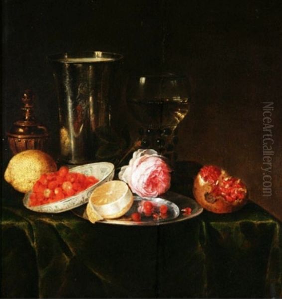 Stilleven met fruit, glas, porselein bord en roos Oil Painting by Simon Luttichuys
