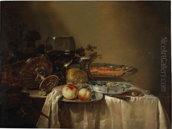 Still life with tazza, rummer, and kraak porcelain holding salmon and fruit Oil Painting by Adriaen Jansz Kraen