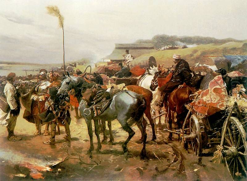 Pospolite ruszenie u brodu. Oil Painting by Jozef Brandt